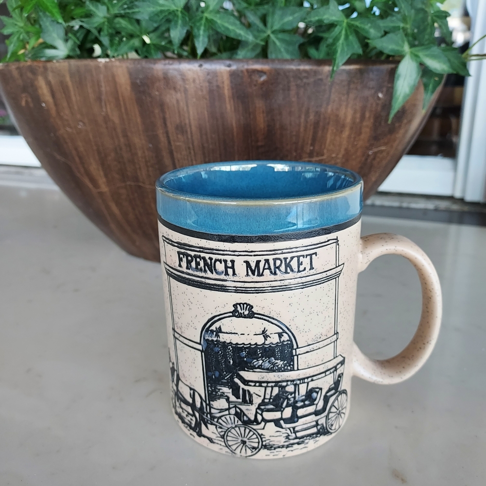French Market Ceramic Mug - Blue and Tan